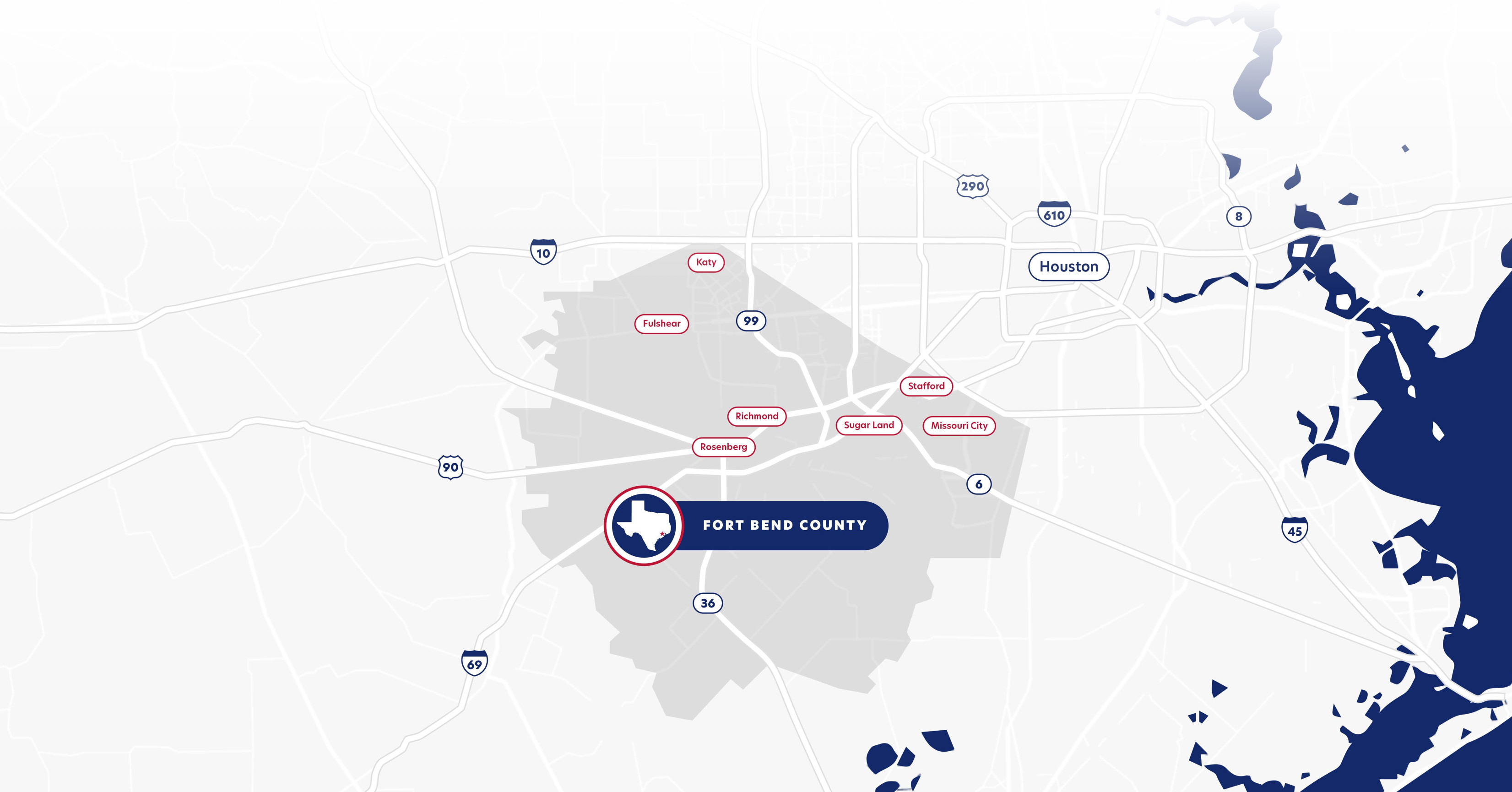 Graphic map of Fort Bend County and Greater Houston Area
